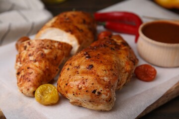 Baked chicken fillets and marinade on wooden table, closeup