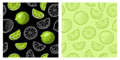 Seamless pattern fresh whole and slice lime. Isolated on white - 786567099