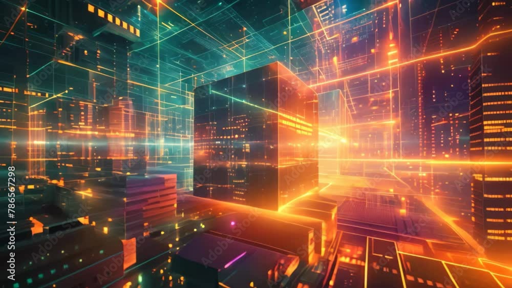 Poster an abstract video showcasing a cube-shaped structure positioned in the middle of a room, cubic demon