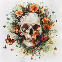 Watercolor Skull With Floral Wreath