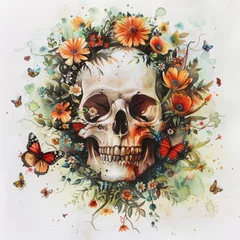 Poster Crâne aquarelle Watercolor Skull With Floral Wreath