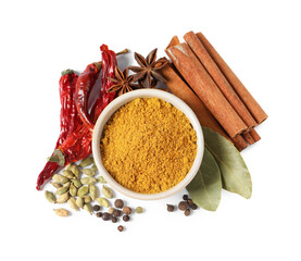 Curry powder in bowl and other spices isolated on white, top view