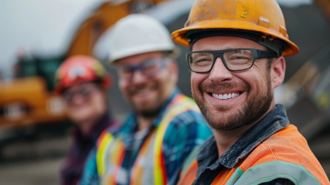 Construction Workers Team in Safety Helmets, Workforce Teamwork in Industrial Environment, Skilled Labor and Machinery
