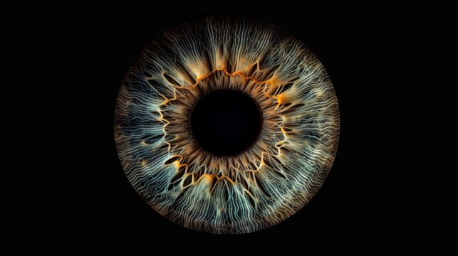 Eye iris macro on a black background. Human eyeball close up. The cornea is brown in color. Detailed texture.
