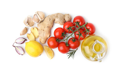 Different fresh ingredients for marinade on white background, top view