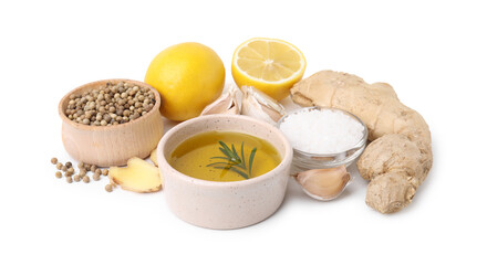Different fresh ingredients for marinade on white background
