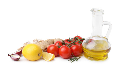 Different fresh ingredients for marinade on white background