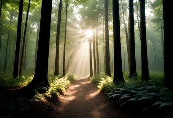 Dirt path through a forest with tall trees and sunlight filtering through the foliage