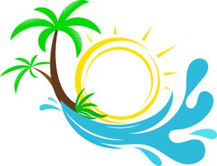 Sea waves, bright sun and palm trees. Design for travel and leisure