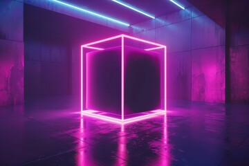 A neon pink cube is lit up in a dark room