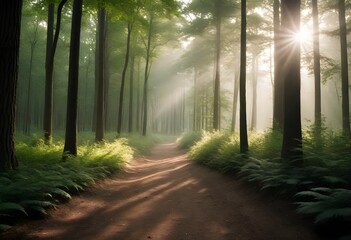 Dirt path through a forest with tall trees and sunlight filtering through the foliage