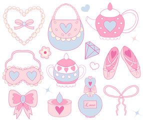 Cute pink retro 90s coquette style set with Beautiful dishes, bow, perfume. Princess collection. Vector illustration