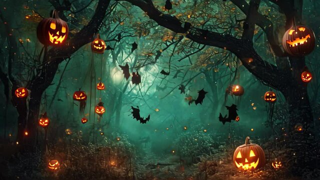 A dense forest adorned with countless Halloween pumpkins creating a eerie and festive atmosphere, Dark forest filled with jack-o-lanterns and hanging bats