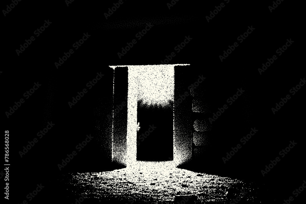 Poster Ancient ruins in sci-fi scene with dotwork retro style. Mysterious gate debris with dramatic lights and retro texture