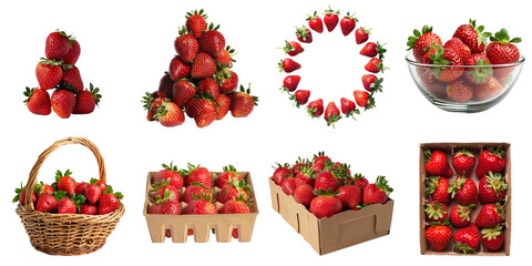 Organic strawberry png set collection in 3d transparent no background.