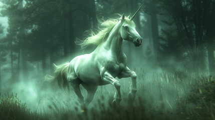 Obraz na płótnie Canvas Mystical Unicorn Galloping in Misty Forest.