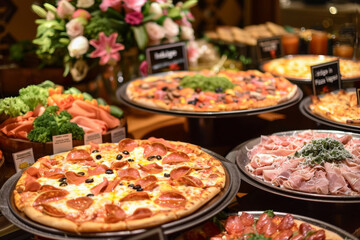 Obraz premium Assorted Pizzas on Buffet Display for Dining