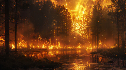 Wildfire Burning Through Forest at Night.
