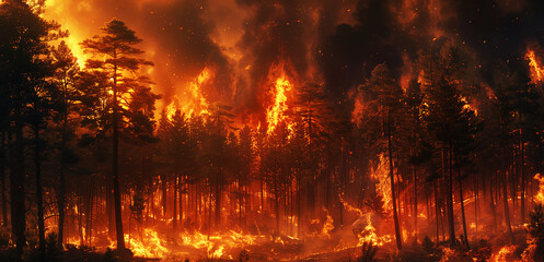 A violent wildfire consumes a forest at dusk, with towering flames and smoke rising against the evening sky.