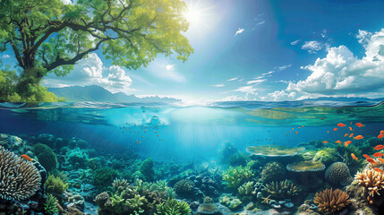 Fototapeta na wymiar Underwater Coral Reef with Overwater Tree Landscape.