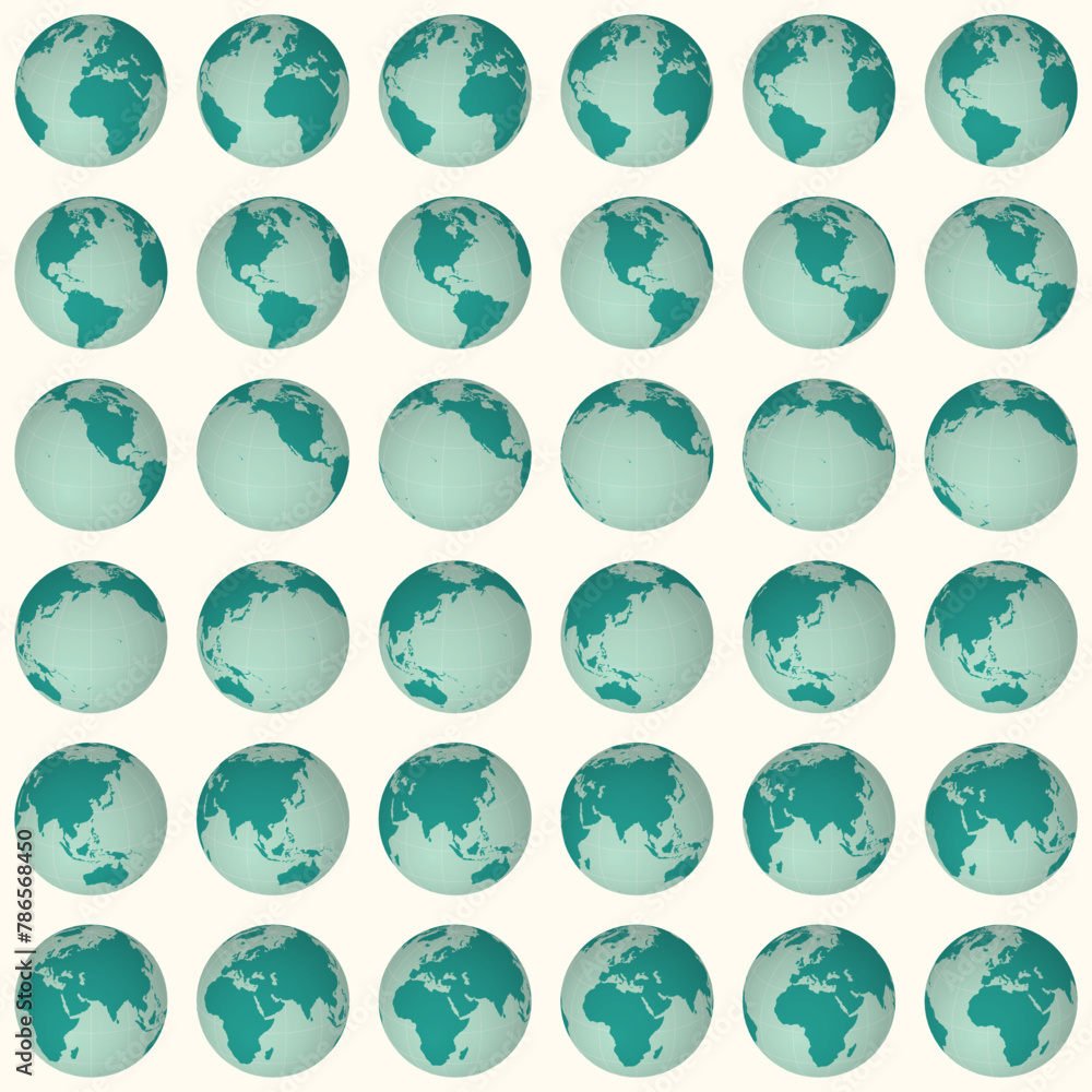 Poster Collection of globes. Slanted sphere view. Rotation step 10 degrees. Solid color style. World map with graticule lines on creamy background. Bewitching vector illustration.