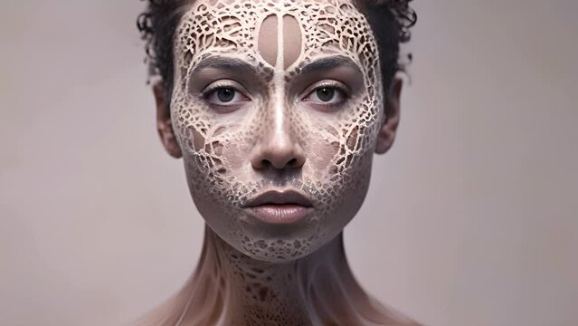 Portrait of person with cracked earth pattern makeup on their face, evoking themes of nature and human connection