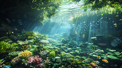 Fototapeta na wymiar A lush underwater scene, dappled with sunlight, showcasing a diverse array of tropical fish and vibrant coral reefs.