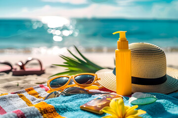 Sun Protection and Overexposure Treatment Methods: Sunscreen, After-sun Lotion, and Aloe Vera on the Beach - obrazy, fototapety, plakaty