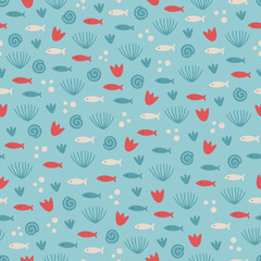 Ocean seamless pattern with seaweeds, fishes and bubbles. Vector illustration