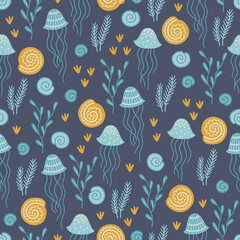 Ocean seamless pattern with shells, seaweeds and jellyfishes. Vector illustration