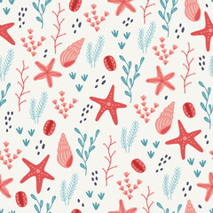 Ocean seamless pattern with shells, seaweeds and starfishes. Vector illustration