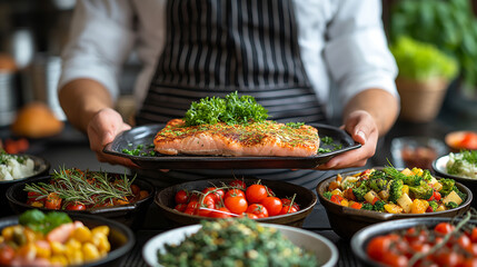 Sea cuisine, Professional cook prepares pieces of red fish, salmon, trout with vegetables.Cooking seafood, healthy vegetarian food and food on a dark background - Powered by Adobe