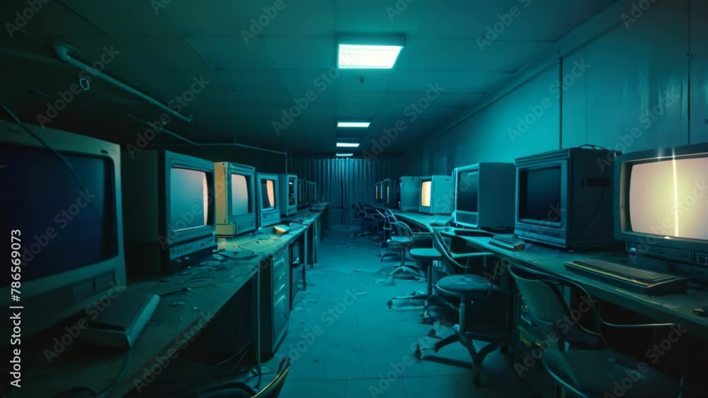 Poster a busy room filled with numerous computer stations equipped with multiple monitors, deserted compute