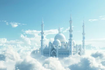 Foto op Plexiglas A majestic mosque rendered in 3D, suspended above ethereal clouds against a clear blue sky. © Rattanachat