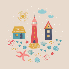 Ocean greeting card with lighthouse, houses, sun, clouds, starfish, seaweeds
