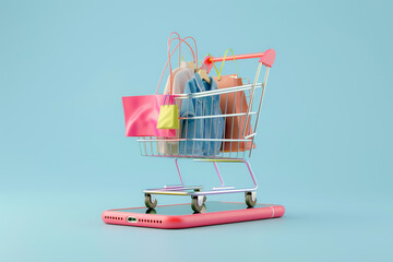 3D render of a shopping cart on a mobile phone, set against a simple background, floating with items like clothes, shirts, and women's bags.