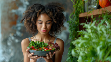 Young and happy woman with healthy salad, with green fresh ingredients. 