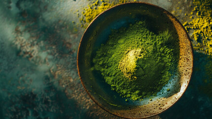 vibrant green matcha powder, captured in a traditional Japanese tea ceremony setting, highlighting the texture and color contrast.