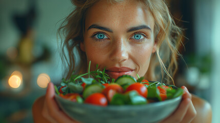 Young cheerful girl eating vegetarian salad at home in the kitchen, she is trying healthy food 
