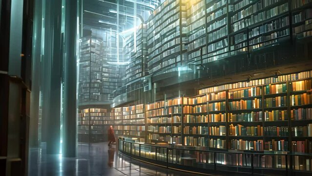 A man stands in front of a large library with shelves filled with numerous books, Depict NAS storage as a futuristic library