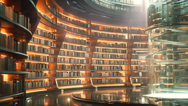 A library room overflowing with countless books arranged neatly on shelves, creating a sea of knowledge, Depict NAS storage as a futuristic library
