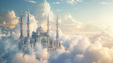 An imaginative 3D visualization of a mosque soaring amidst fluffy clouds, blending fantasy and spirituality. - obrazy, fototapety, plakaty