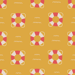 Ocean seamless pattern with waves and lifebuoy on yellow background