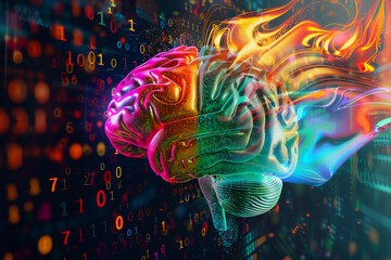 a digital brain concept, left hemisphere featuring data and binary numbers as a background, right hemisphere with abstract colorful digital waves.