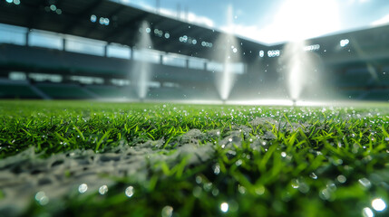 A stadium with a large green field and a sprinkler system watering the grass. The field is empty and the sprinklers.