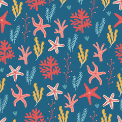 Ocean seamless pattern with corals, seaweeds, starfishes on dark background - obrazy, fototapety, plakaty