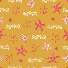 Ocean seamless pattern with starfishes, corals and waves. Vector illustration