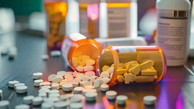 Numerous pills spill out of a prescription bottle, creating a scattered array on a table, Different types of prescription opioids