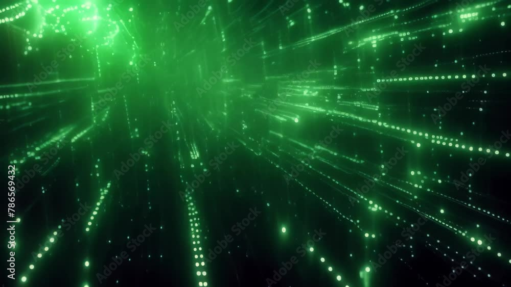 Poster An Video featuring a richly colored green and black background adorned with a multitude of glowing lights, Digital code raining down in a matrix style