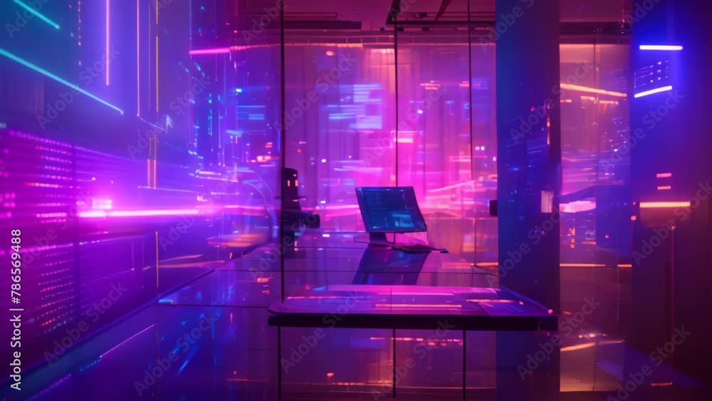 Poster a laptop computer is placed on top of a glass table, displaying a modern workplace setup, digital of